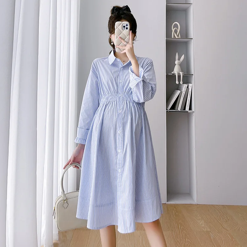

Maternity Shirt Collar Dress Spring Autumn Fashion Slim Waist Clothes for Pregnant Women Stripe Long Sleeve Pregnancy Dress