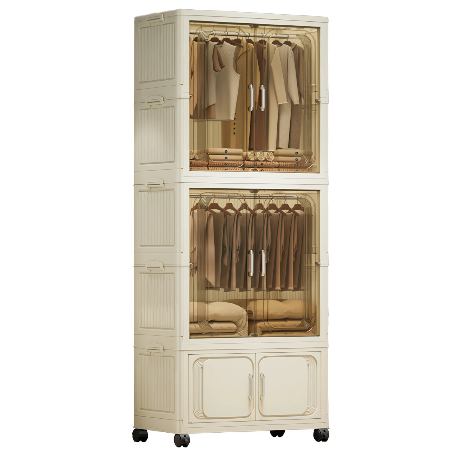 Zusammenklappbarer Kleiderschrank Großer Tragbarer Schrank Faltbarer Plastik-Kleiderschrank mit Kleiderstange und Magnetischen Türen auf Rollen – Detail 3