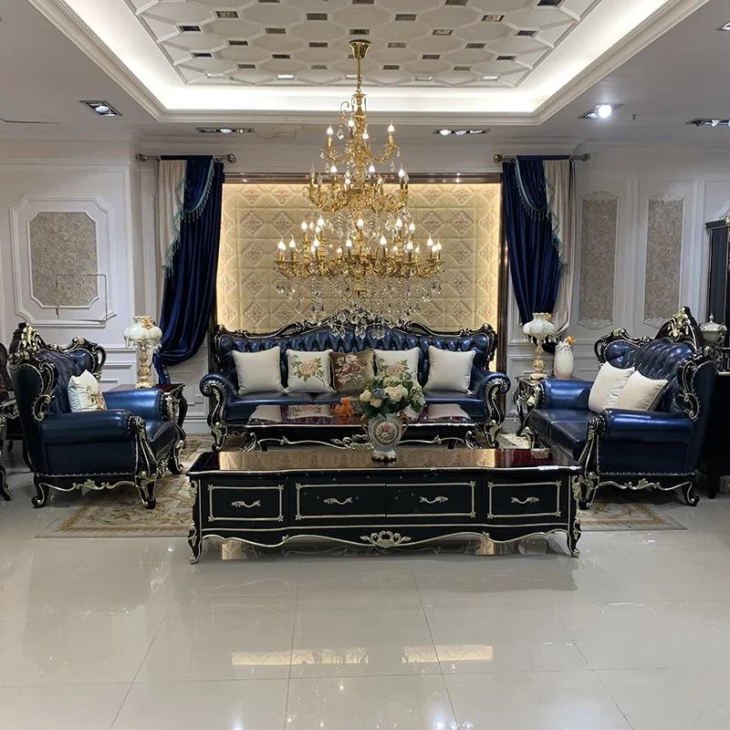 

European style leather sofa combination high-end first layer cowhide sofa solid wood carved living room villa