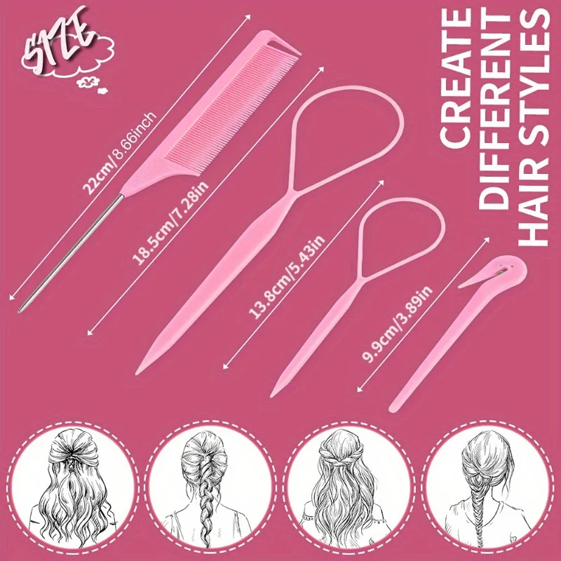4pcs/Set Hair Loop Tool Set 2pcs French Braid Tool Loop 1pc Rat Tail Comb 1pc Elastic Hair Rubber Bands Remover Cutter 4