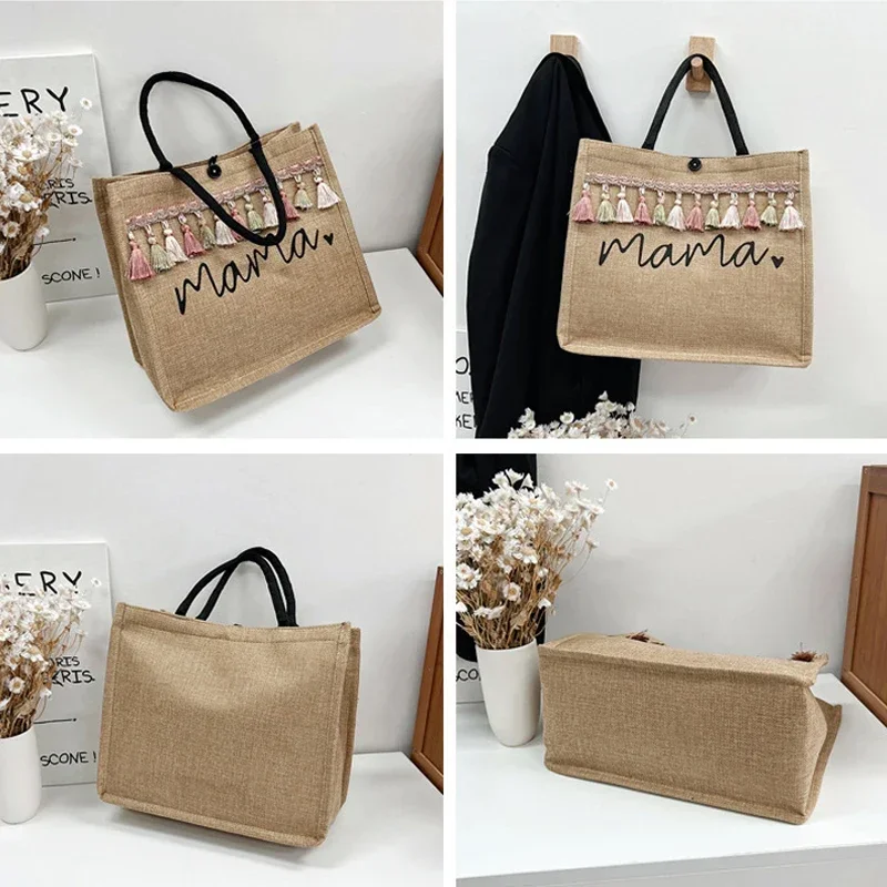 Women Tote Bag Fashion Mama Letter Printing Linen Handbag Large Capacity Baby Diaper Bag Casual Shopping Shoulder Bag Mom Gifts 3