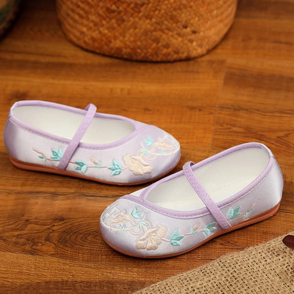 Chinese Style Girls Embroidered Shoes for 1-12Yrs Kids Flower Floral HanFu Shoes Children Soft Rubber Traditional Cloth Shoes