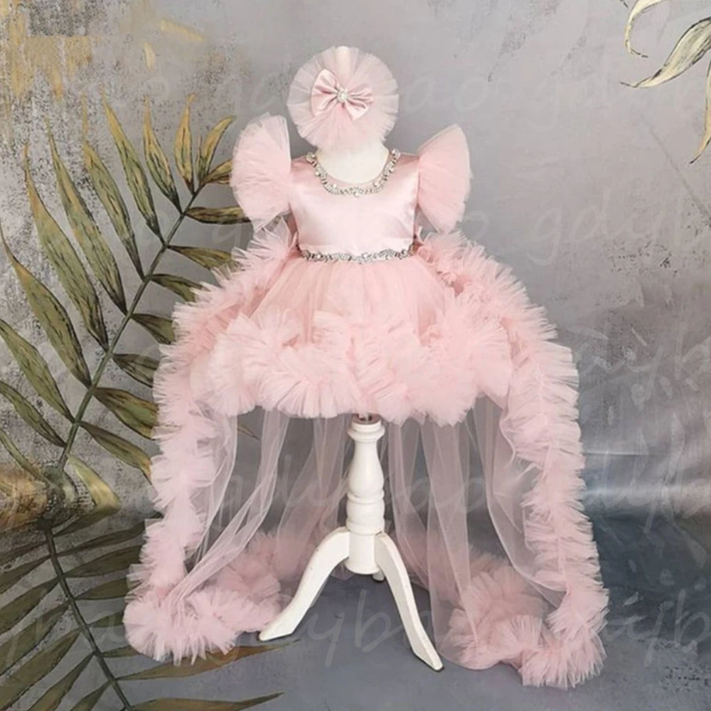 Light Pink Fluffy Flower Girl Dress Tulle Skirt Beaded Sparkly Wedding Elegant Flower Baby Dress First Communion Party Dress