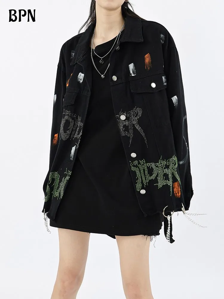 

BPN Hit Color Streetwear Fashion Denim Jackets For Women Lapel Long Sleeve Spliced Diamond Single Breasted Coat Female Style New