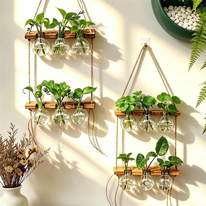Boho Rope Hanging Wood‑abs Planter Wall‑mounted Water Plant Vase