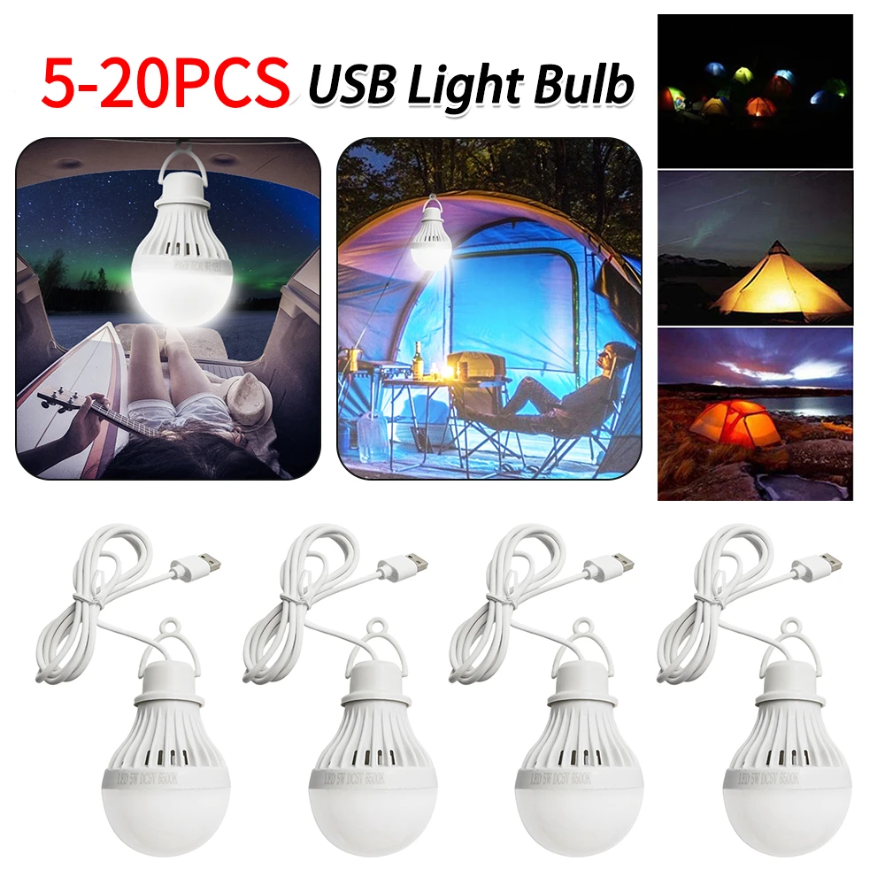 5-20PCS USB Light Bulb LED Camping Light Bulb Portable Emergency Light Hanging for Tent Emergency Fishing Hiking Garden Barbecue 2