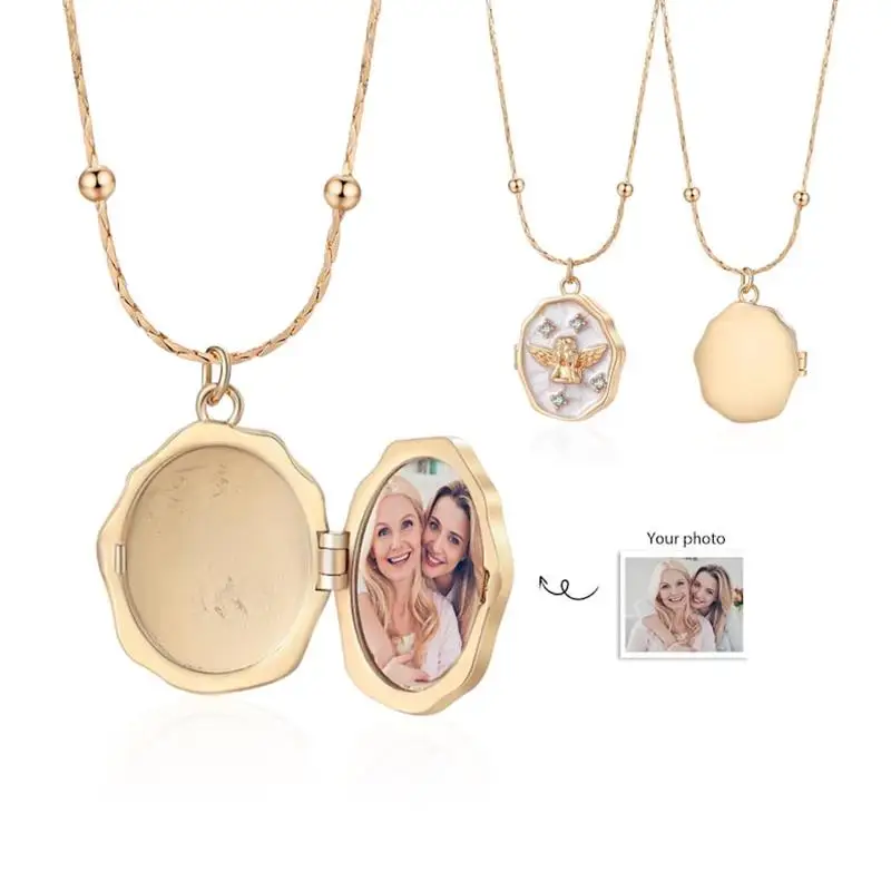 Personality Angel Locket Necklace with Photo Openable Custom Butterfly Frame Lock Choker Memorial Jewelry Mother's Day Gift New