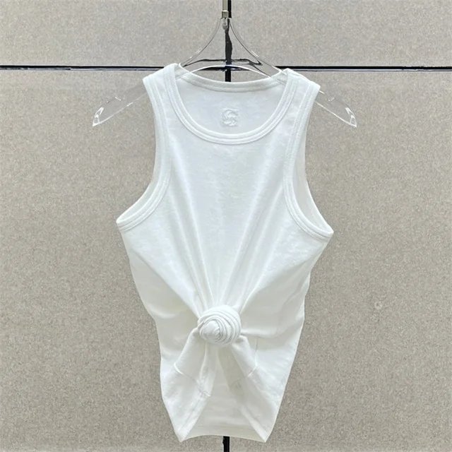 Femmes t-shirts nouveau torsadé fleur noué haut sans manches pour l'été 2025 élastique mince pur coton femmes gilet corset haut court 1