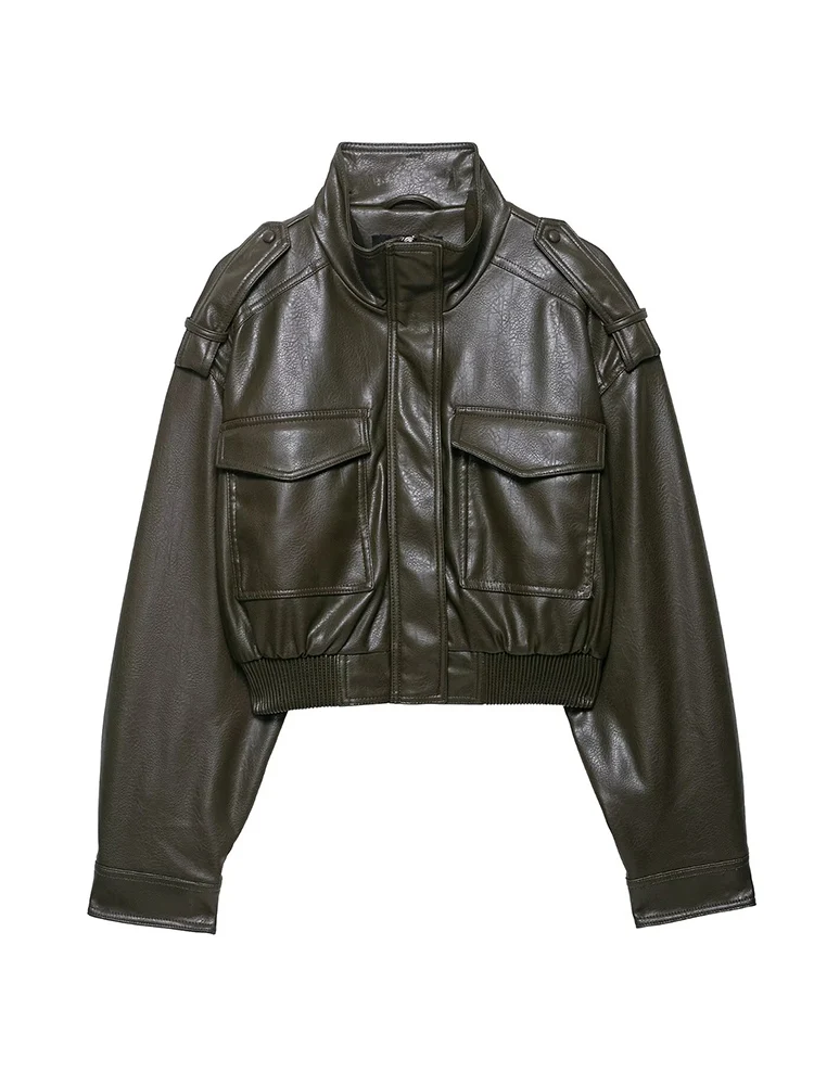 2025 Women's Faux Leather Effect Short Jacket Vintage Stand Collar Long Sleeve With Shoulder Straps Pockets Casual Streetwear