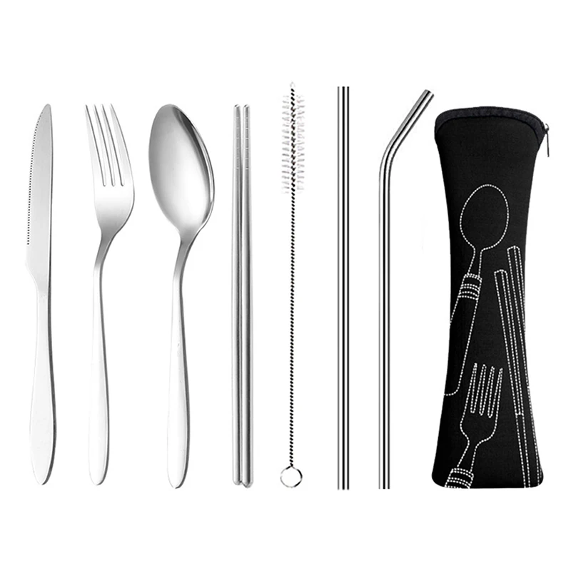 Stainless Steel Tableware Straw Fork Spoon Family Travel Camping Cutlery 8Pcs