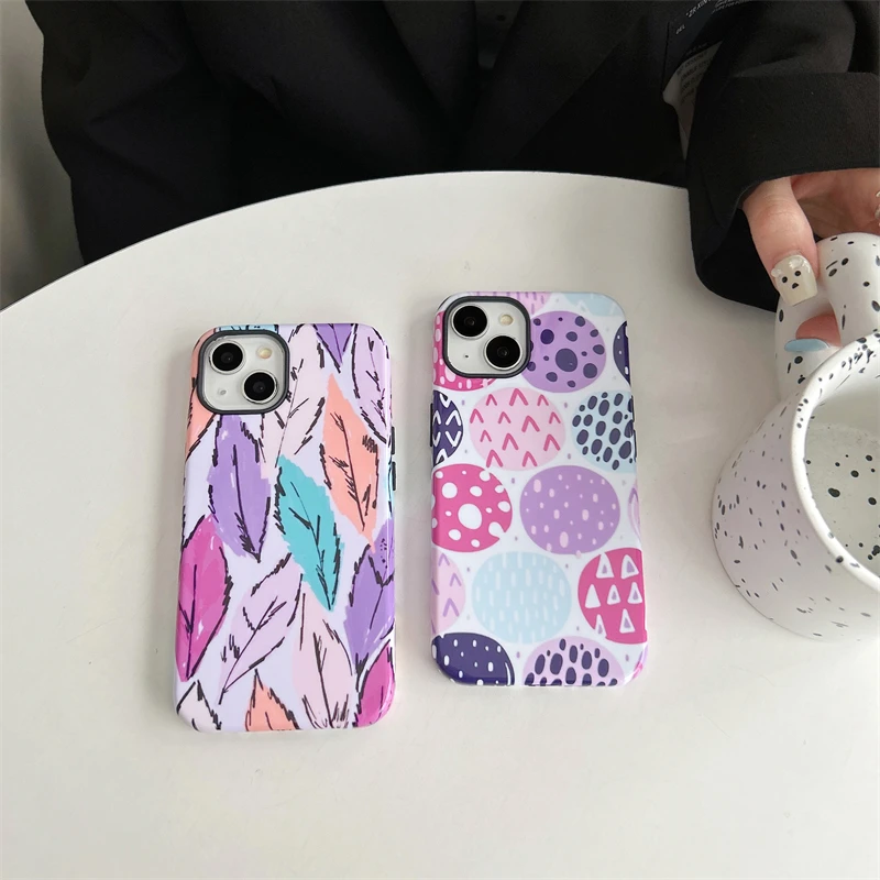 Hand drawn colorful leaves Phone Case Two-In-One Film Protective Shell For iPhone 15 14 13 12 11 Pro Max Plus Mini