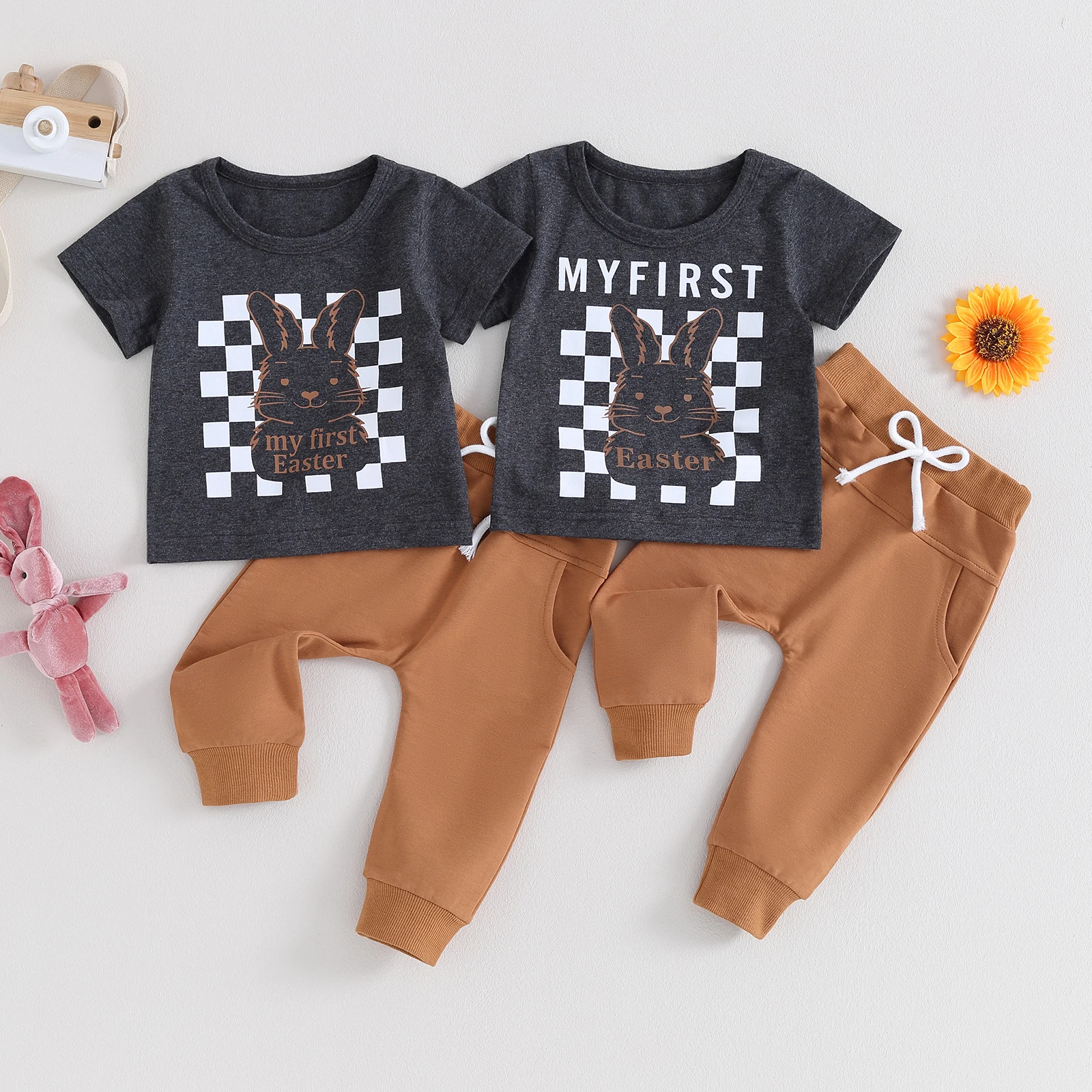 

Baby Clothing Boy Easter Outfits Clothes Letter&Bunny Print Short Sleeve T-Shirt Pants Set 2pcs Cotton Newborn Set