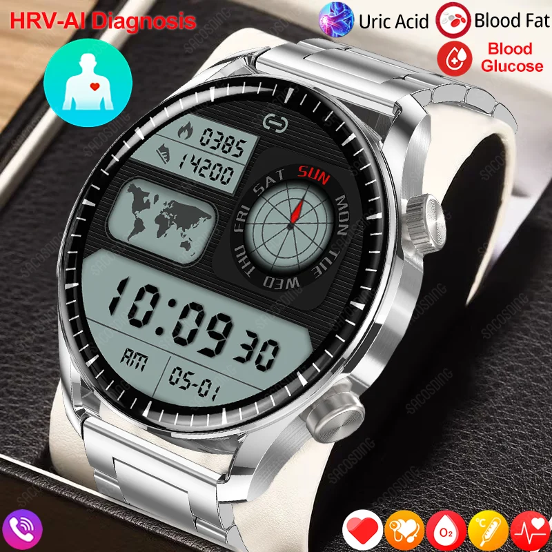 New Health Blood Lipids Acido Urico Blood Sugar Smart Watch Men Blood Body Composition Hrv-Ai Diagnosi Ecg + Ppg Smartwatch Per Uomo