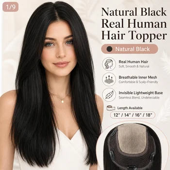 Topper per capelli da donna 7.5x7.5 pollici, densità 130%, in vero capello umano, base grande, senza frangia, con seta