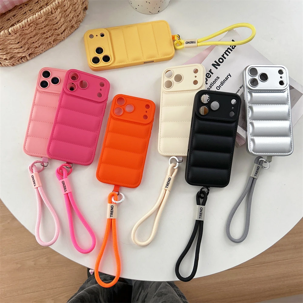 Stylish Matte Soft Down Jacket Silicone Phone Case with Shockproof Camera Protection and Wrist Strap Cover