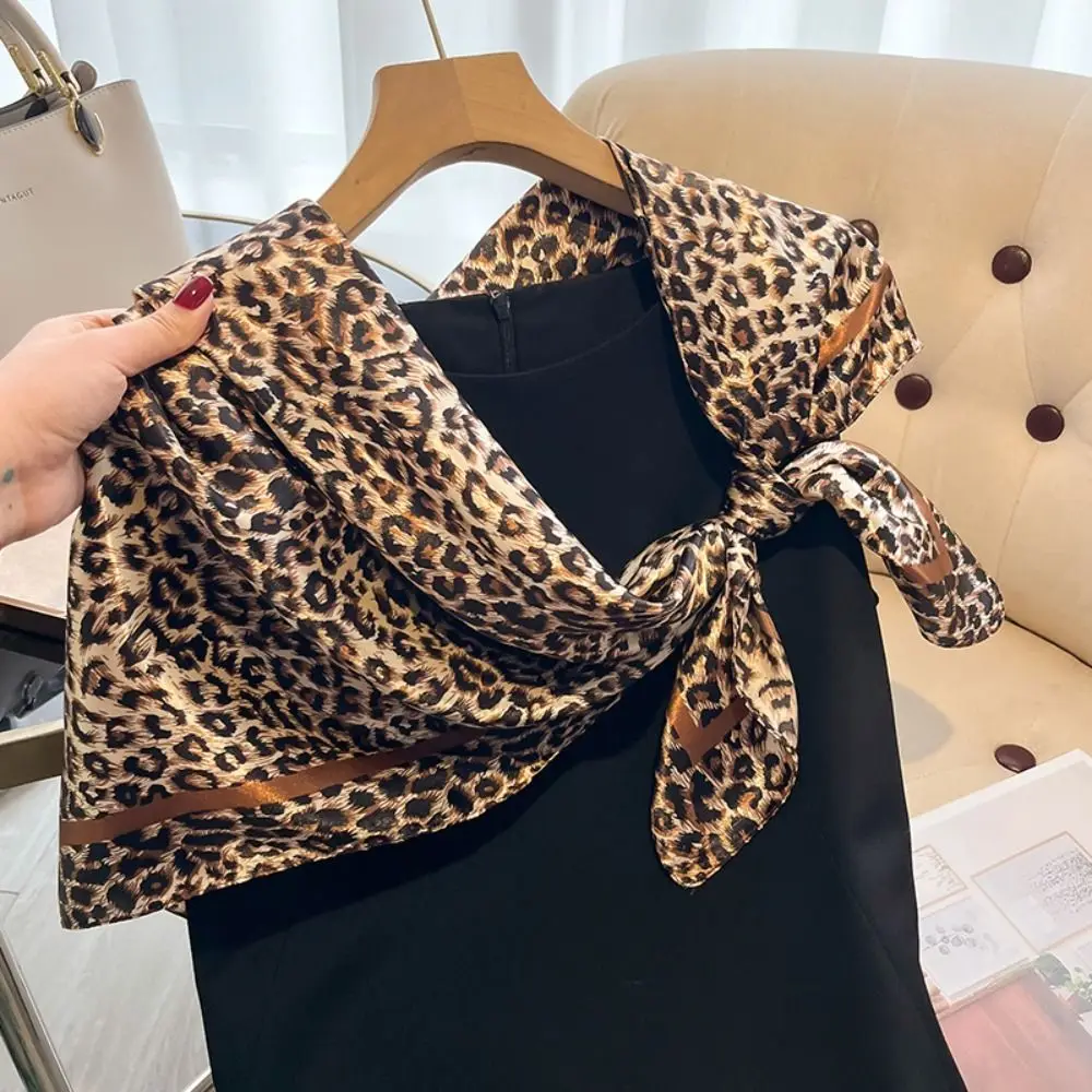 90cm Women Leopard Print Square Scarf Satin Bandana Hair Shawl Wrap Neck Foulard Hijab Neckerchief