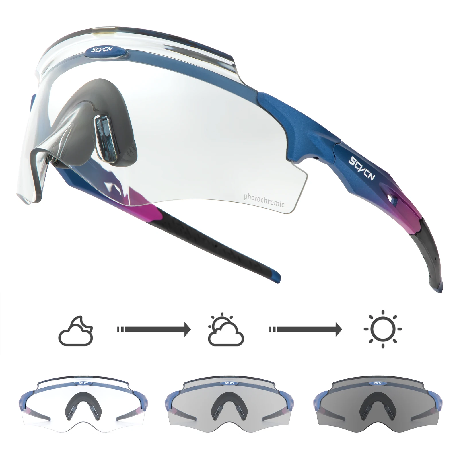 Scvcn Photochromic Cycling Sunglasses for Men RED Photochromic Blue MTB