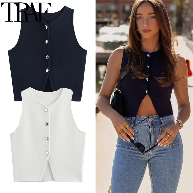 TRAF 2024 Knit Vest For Women Sleeveless Cropped Woman White