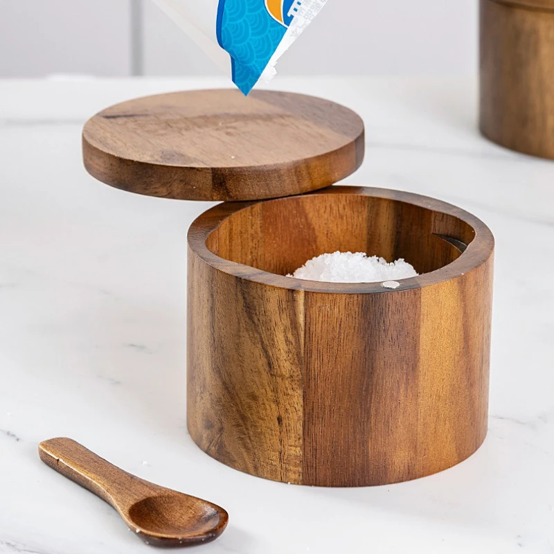 Wooden Seasoning Jar Pepper Salt Shaker Seasoning Box Large Capacity Pepper Box with Spoon Magnetic Rotating Lid Kitchen Storage salt shaker spices bottle salt pepper shakers seasoning jar