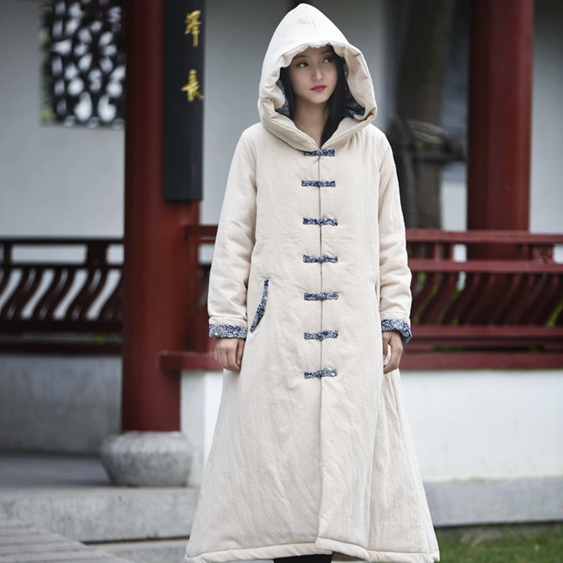 Chaqueta larga de lino y algodón de estilo chino mujer, abrigos holgados con capucha, traje Tang Vintage cálido Hanfu, ropa Zen tradicional Oriental| | - AliExpress