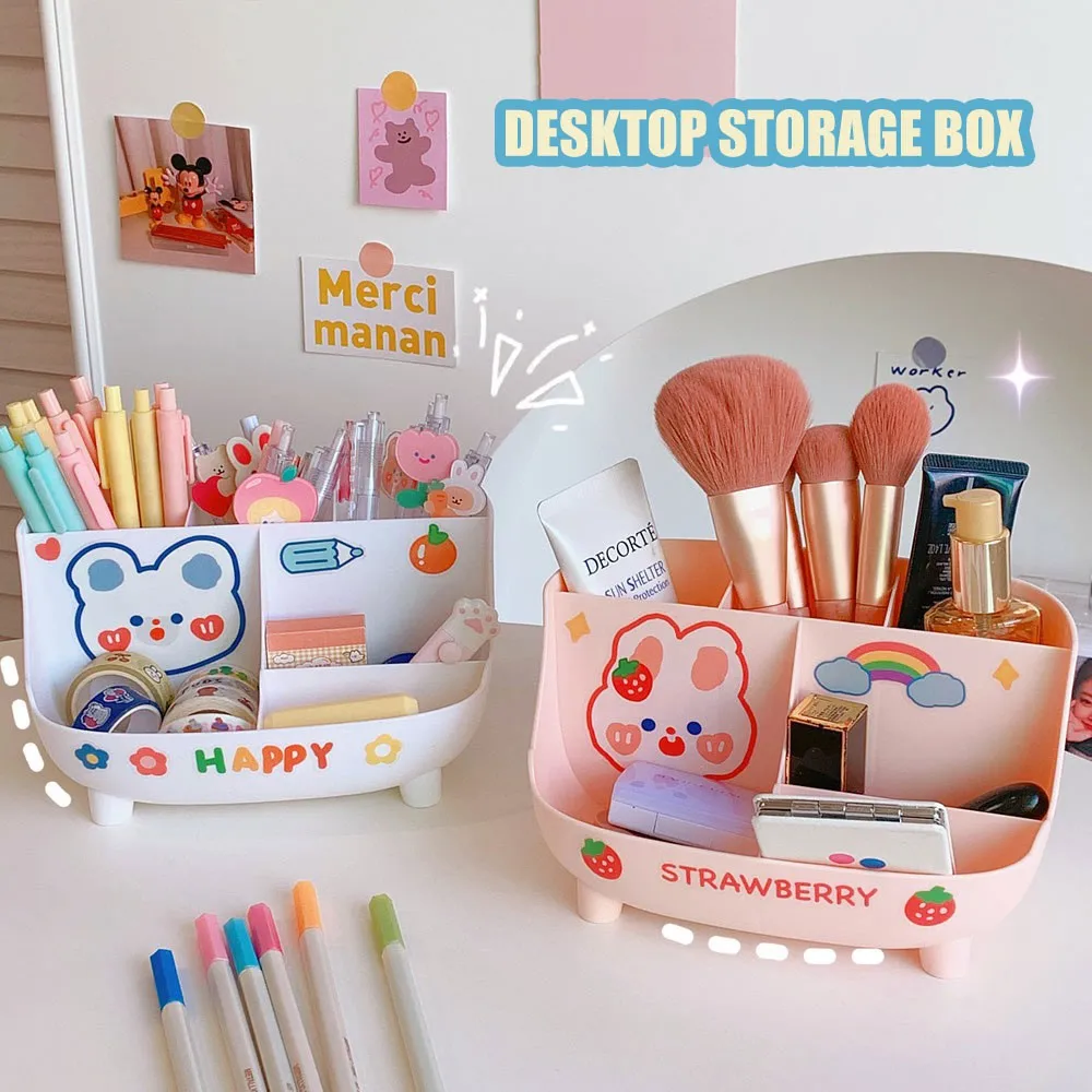 Caja organizadora Kawaii de artículos de papelería para refrigerador,  soporte para bolígrafos, lindo contenedor estético para guardar maquillaje