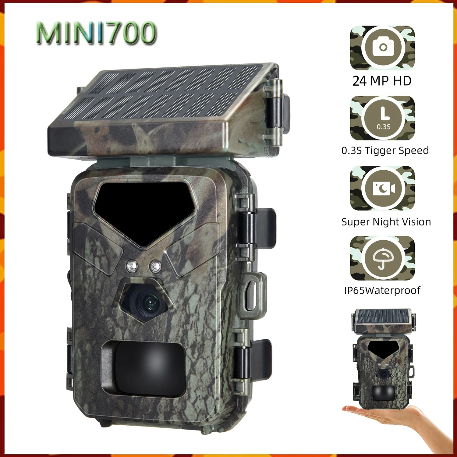 Hunting Trail Camera Solar Hunting Trail Camera Mini700 24MP/1080P HD Infrared Night Vision Wildlife Observation Cam Charging Surveillance Traps Phot