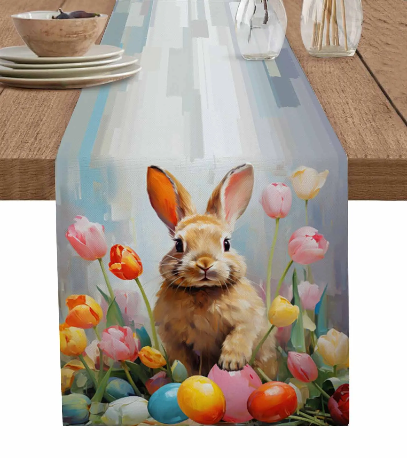 

Easter Tulip Eggs Brown Rabbit Table Runner Party Dining Table Cover Cloth Placemat Napkin Home Kitchen Decor