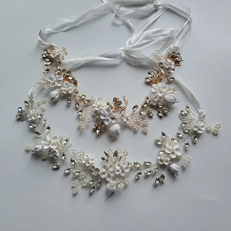 SLBRIDAL Handmade Alloy Flower Leaf Rhinestones Ceramic Flower Bridal Headband Wedding Headpieces Women Girls Hair Jewelry