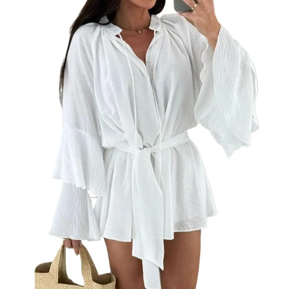 Women Summer V Neck Ruffle Dress Long Flare Sleeve Solid Blouse