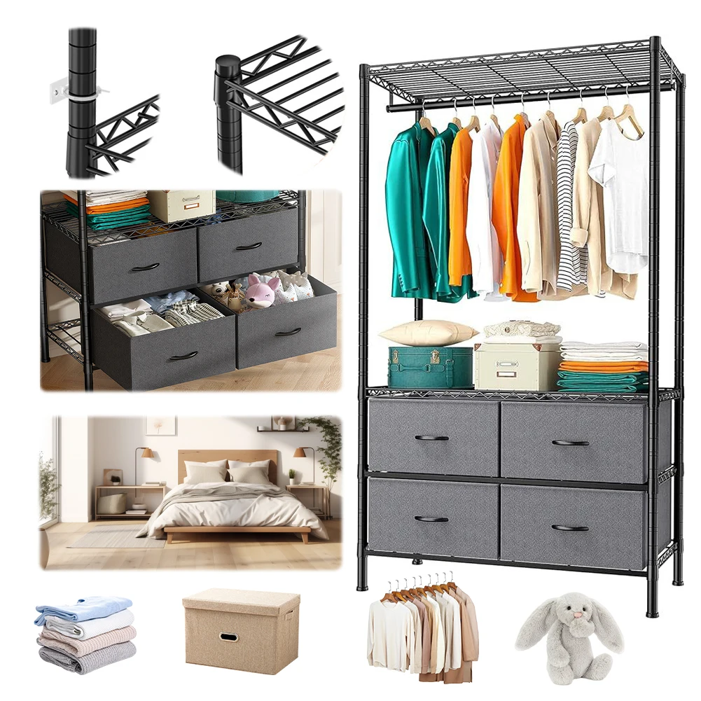 Metal Clothing Rack with Adjustable Shelves and Drawers