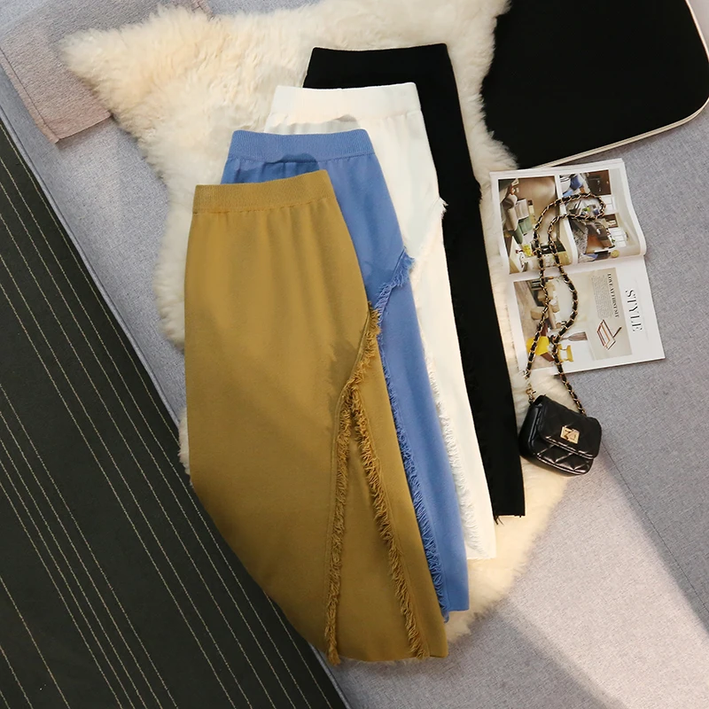 

Korean Fashion Long Skirts for Women Slit Irregualr Kintted Faldas Ajustadas Female Skirt Ladies A-line Autumn Skirts Dropship