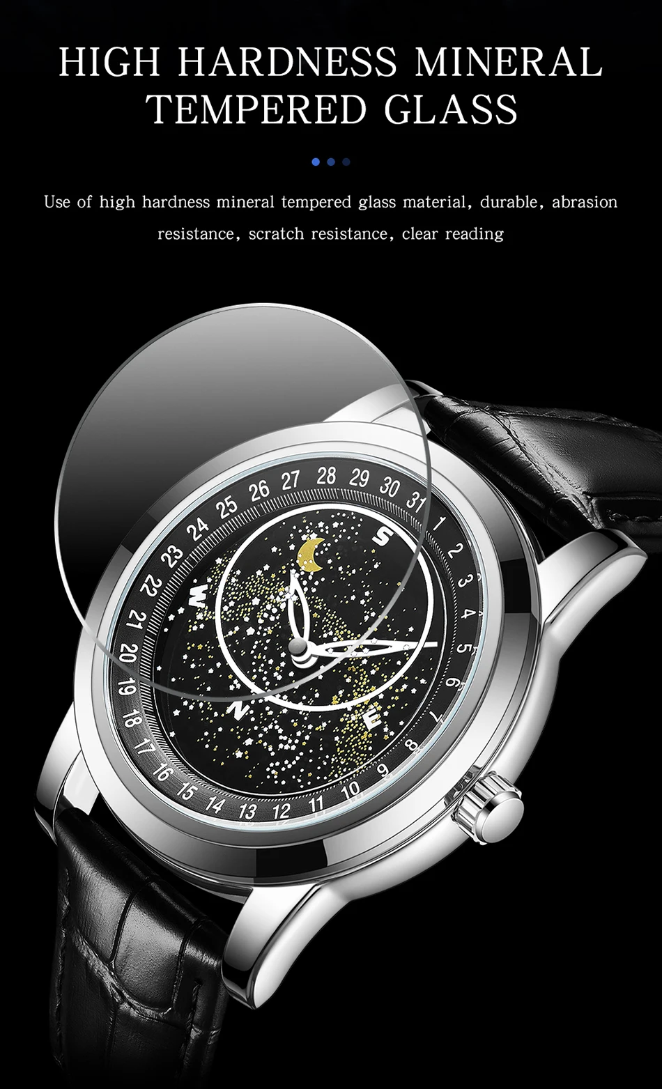 Sanda Men's Watches Quartz Men Watch Luxury Starry Sky Dial Fashion Luminous Waterproof Watches Genuine Leather Strap For Men 7002