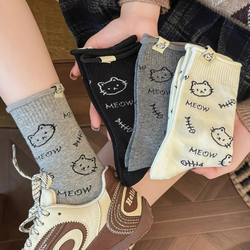 3pairs Comfortable Mid-Calf Cat Printed Socks Cute Breathable Soft Sock Kawaii Fashion Socks High Quality Warm Casual Socks