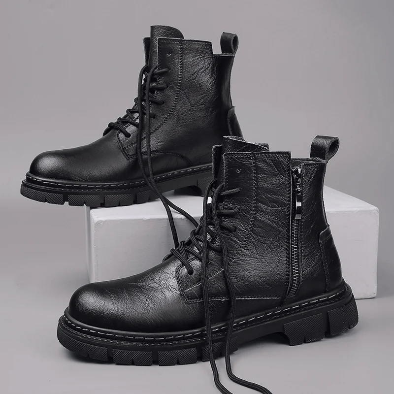 

Genuine Leather High Top Shoes New Spring and Autumn Season Comfortable Thick Sole Large Men's Outdoor Cool Casual Boots