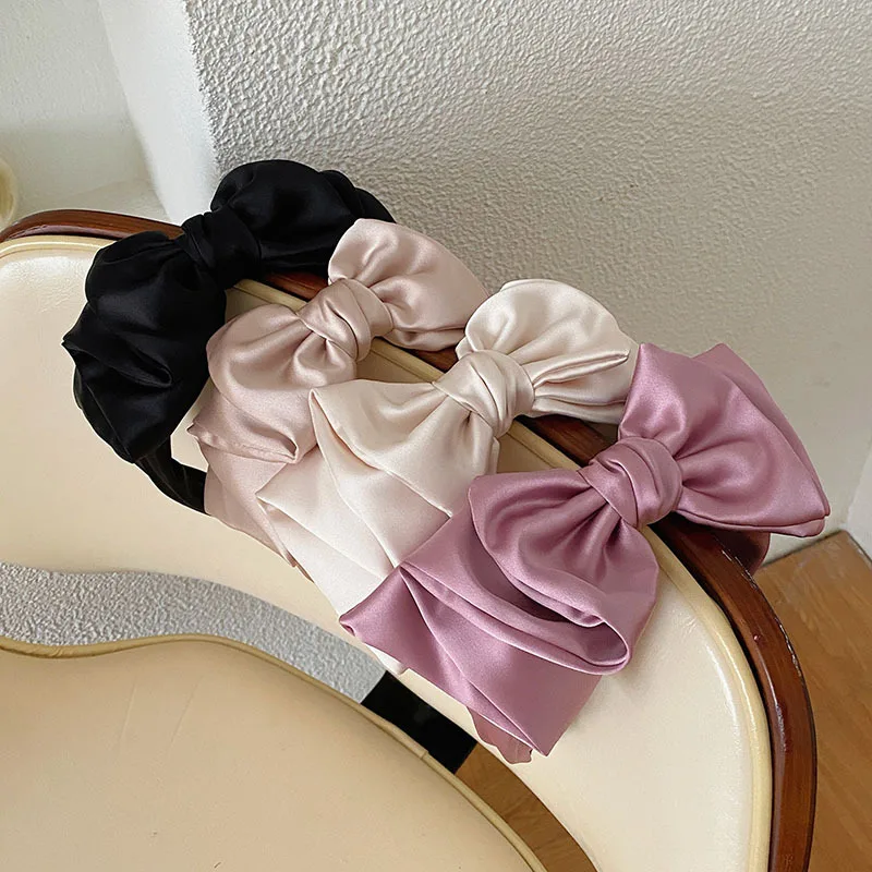 

Korean Style High-Grade Temperament Pure Color Satin Double Layer Big Bow Wide Brim HairBand Hair Accessories for Women