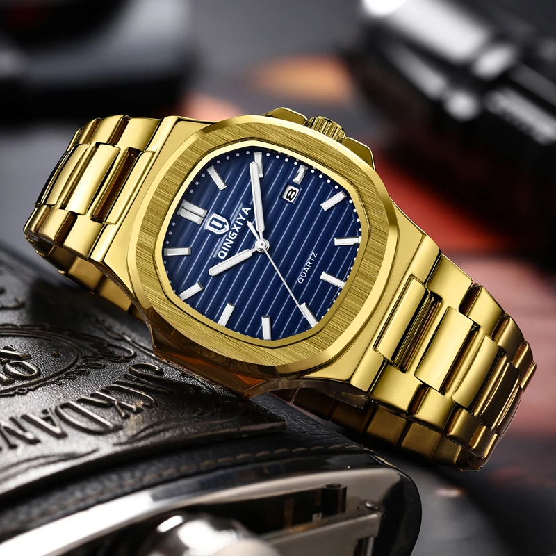 QINGXIYA New Fashion Square Quartz Watch Stainless Steel Gold Strap Waterproof Luminous Calendar Mens Watches Top Brand Luxury