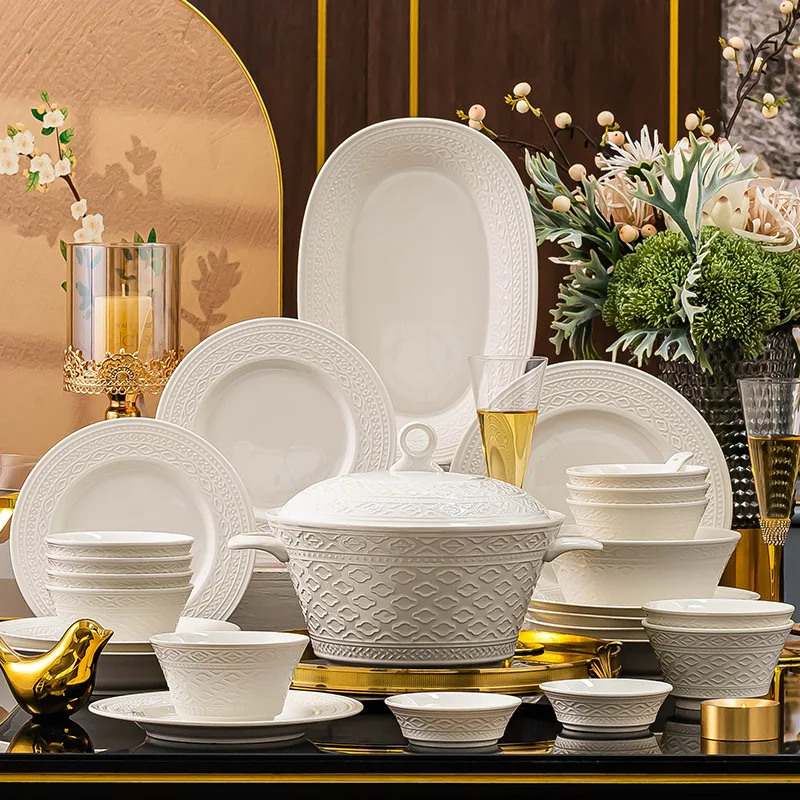 Luxury White Nordic Relief Sculpture Ceramic Tableware Dishes Salad Soup Bowl Flat Plates Serving Tray Dinnerware Set