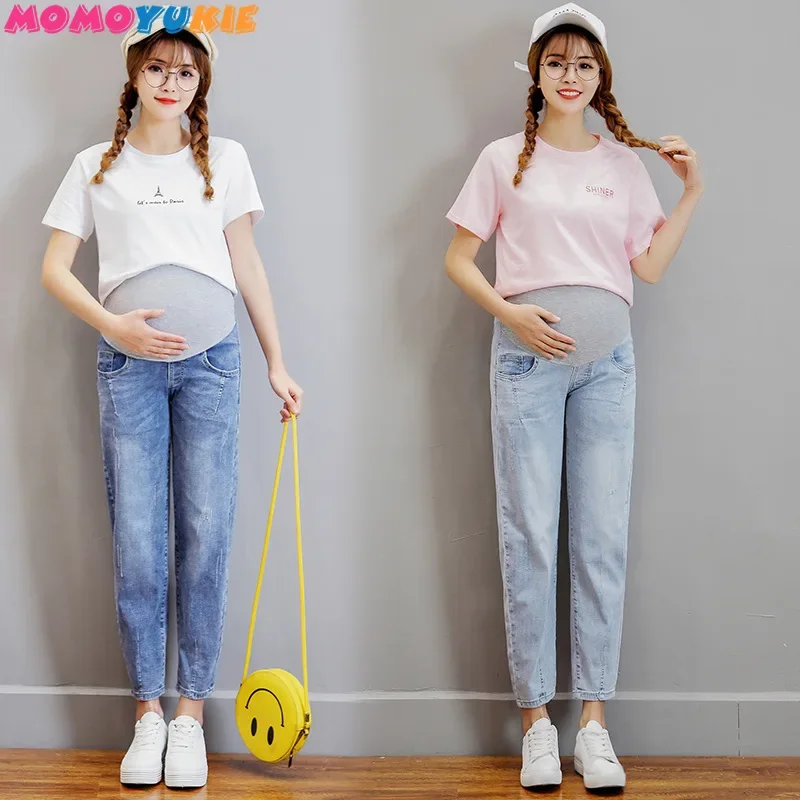 Vintgae Washed Denim Maternity Jeans for Pregnant Women Clothes Elastic Waist Belly Loose Pants Pregnancy Gravidas Clothing women pants denim trousers maternity pants