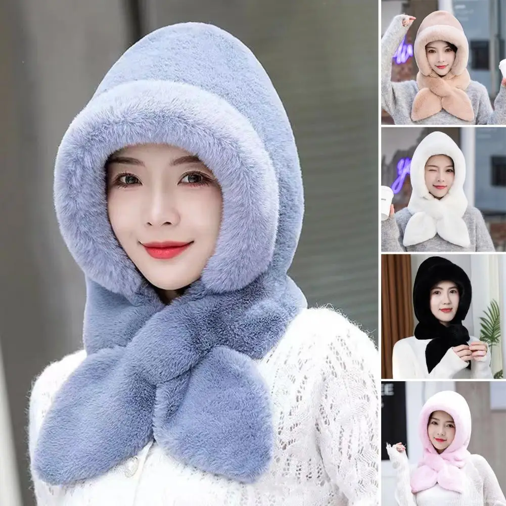 

Thermal Hat Women's Windproof Plush Lined Winter Hat with Integrated Scarf 3-in-1 Neck Ears Warmer for Motorcycle Cycling Skiing