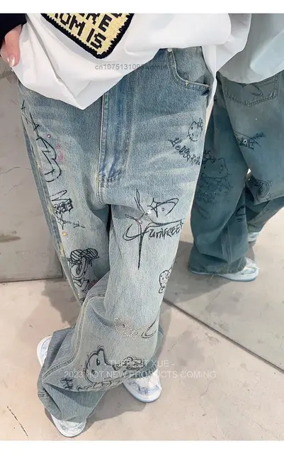 女性のダイヤモンドプリントのストレートチューブデニムパンツ