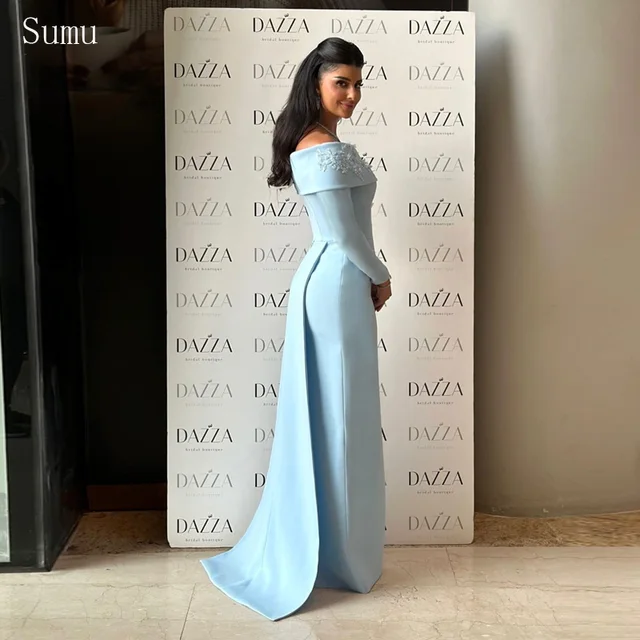 Blue Off Shoulder Sheath Prom Dresses Sequinned Appliques vestidos de noche Elegant Long Slevee Evening Dress Customized 2