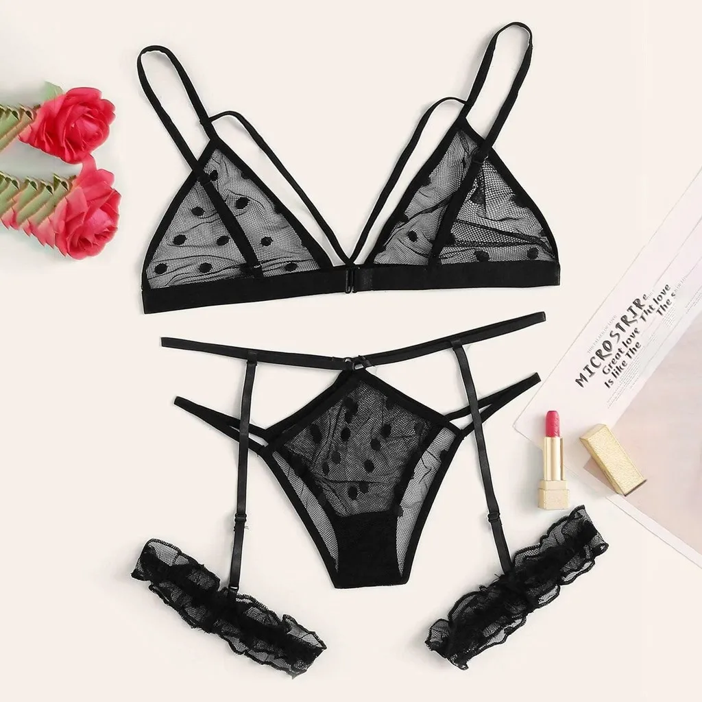 Sexy Bra Set Women Big Size Lace Underwear Seamless Bra Thong Garters Polka Dot Bralette Sexy Lingerie Sets
