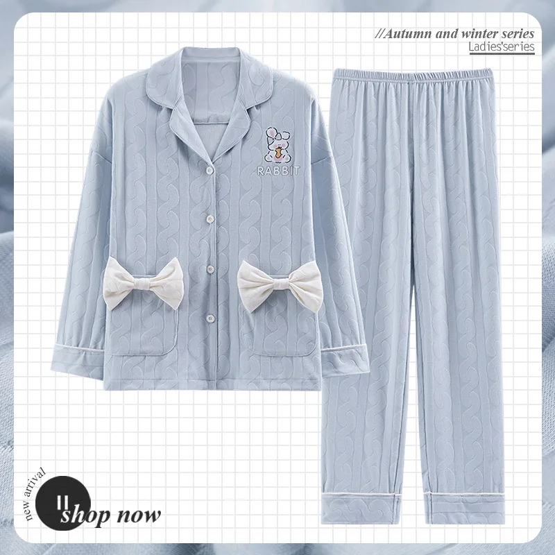 

Lapel Cardigan Cotton Sleepwear Autumn Long Sleeping Tops Pant Pajamas Set For Women Korean Fashion Nightwear Pjs Home Suit