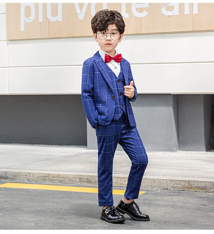 

Spring Big Boys Top Quality Plaid Wedding Suit Teenager Kid Formal Tuxedo Bowtie Dress Children Blazer Party Performance Costume