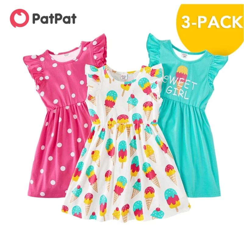 PatPat Paquete de 3 vestidos de verano para niñas pequeñas, ropa de lunares helado, recién llegado, 3 6 años|Vestidos| - AliExpress