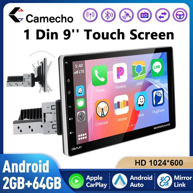 Autoradio Camecho 1 Din 2+64G Écran rotatif 9'' CarPlay sans fil Android Auto GPS Stéréo Bluetooth Wifi Lecteur multimédia 1