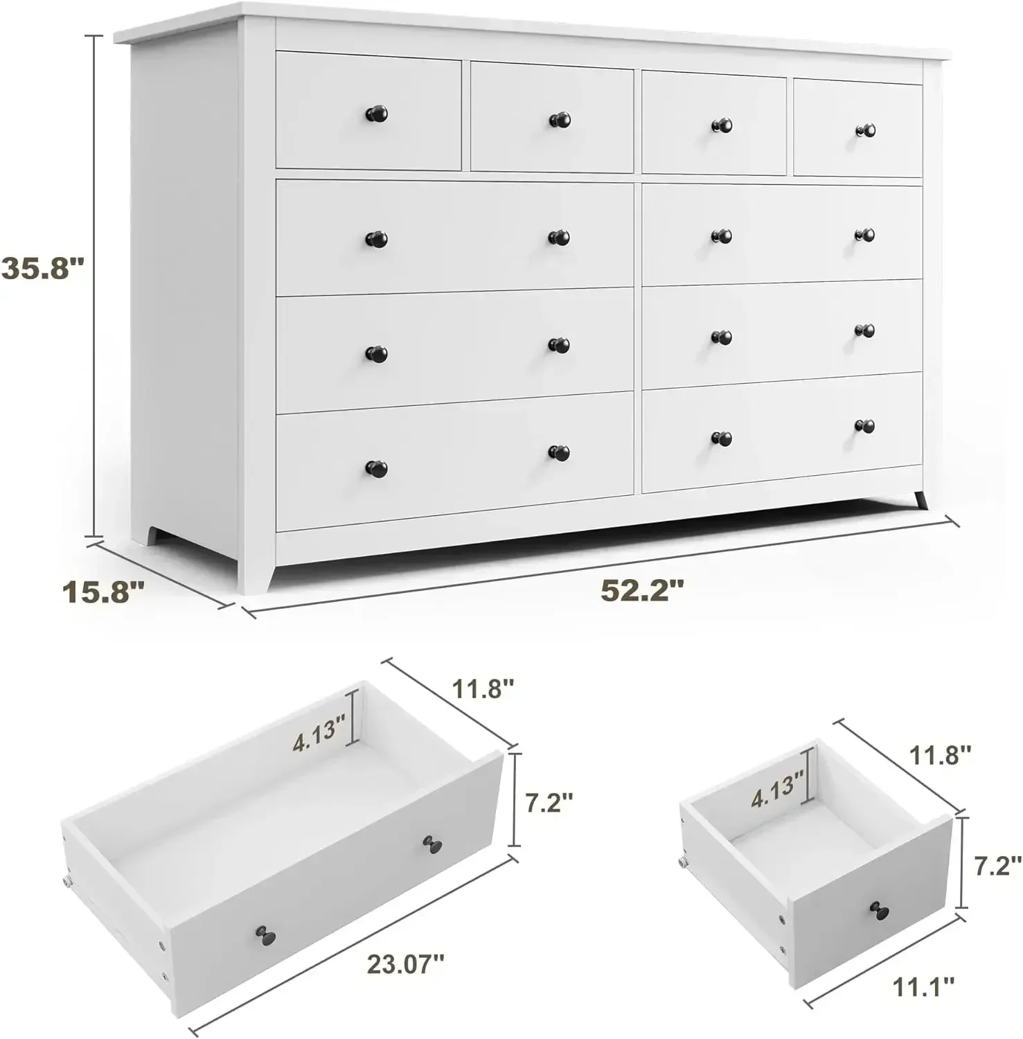 White Dresser, Dresser for Bedroom with 10 Deep Drawers Wood Dresser with Smooth Metal Rail, Large Dressers & Chests of Drawers