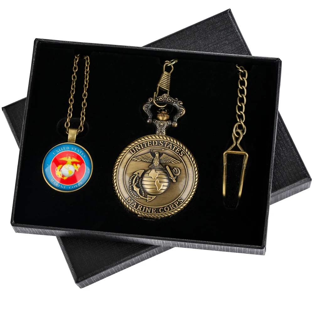 Pocket Watch Set with Box Exquisite Accessory Necklaces Retro Alloy Quartz Clock American Eagle Army Theme Birthday Gift for Men