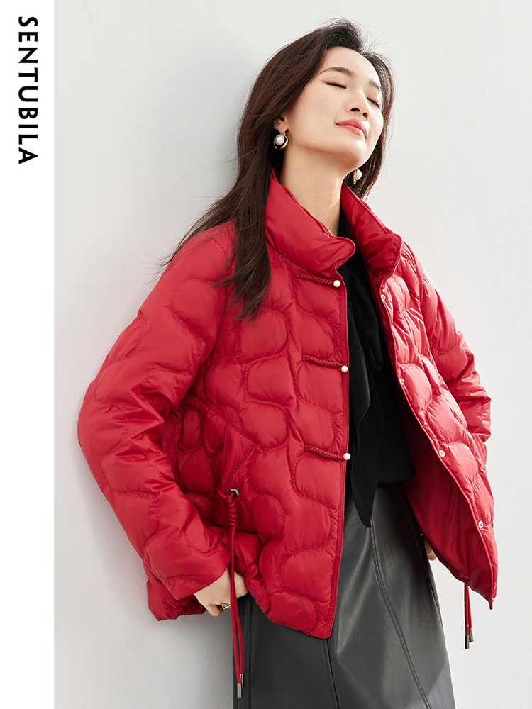 SENTUBILA Crop Down Jacket Woman 2023 Winter Stand Collar 90 White Duck Short Down Coats Warm Wavy Puffer Jackets Top W34Y49503