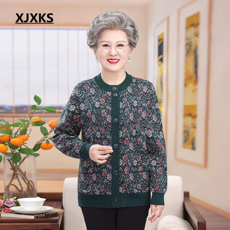

XJXKS 2022 Autumn Winter Latest Large Size Middle-aged Elderly Jacket Comfortable Single-breasted Knit Coat Jaqueta Feminina